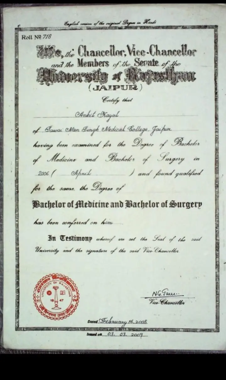 MBBS degree certificate of Dr. Ankit Kayal